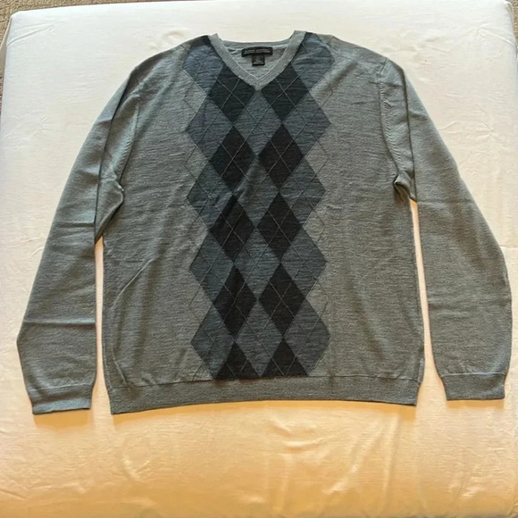 Banana Republic Blue 100% Merino Wool V-Neck Arglye Sweater Size Large - Picture 1 of 7